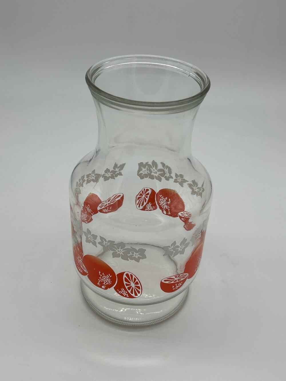 Vintage Orange Print Glass Carafe Pitcher 9” Juice Water Decanter Citrus Decor